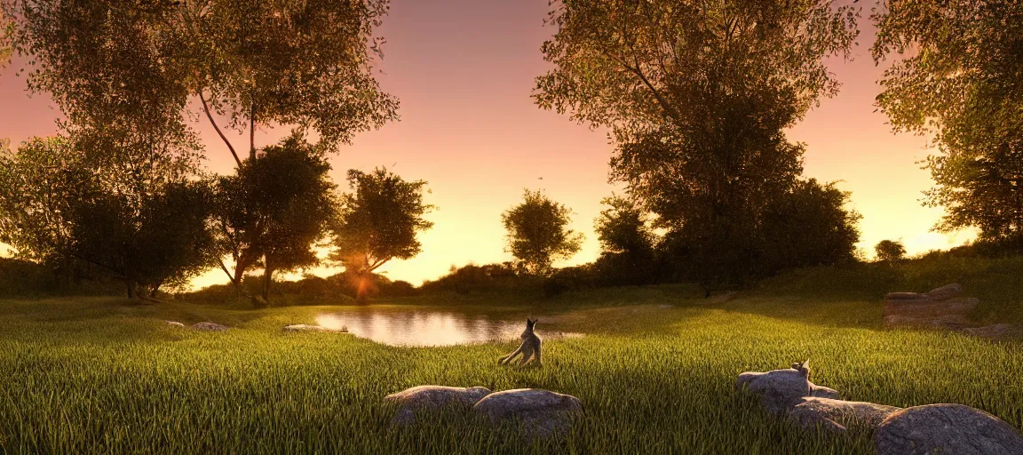 Prompt: a singular cat walking on the grass near a river and some little rocks at sunset, cute, godrays, complementary colors, calm, relaxing, beautiful landscape, highly detailed, high quality, 4k HDR, natural lighting, close view, path tracing, precise reflection on the water, orange palette, anatomically correct, hyperrealistic