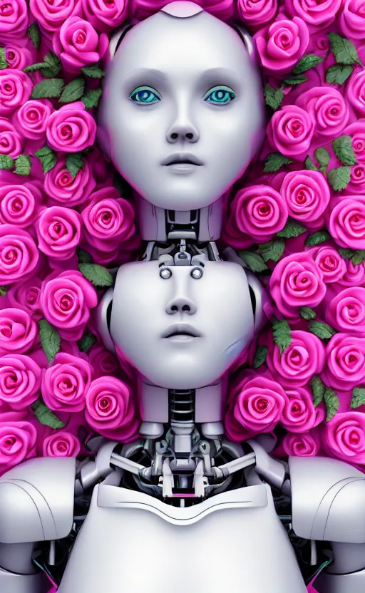 Image similar to detailed vaporwave pastel female robot covered in roses, 3d, digital art, 4k