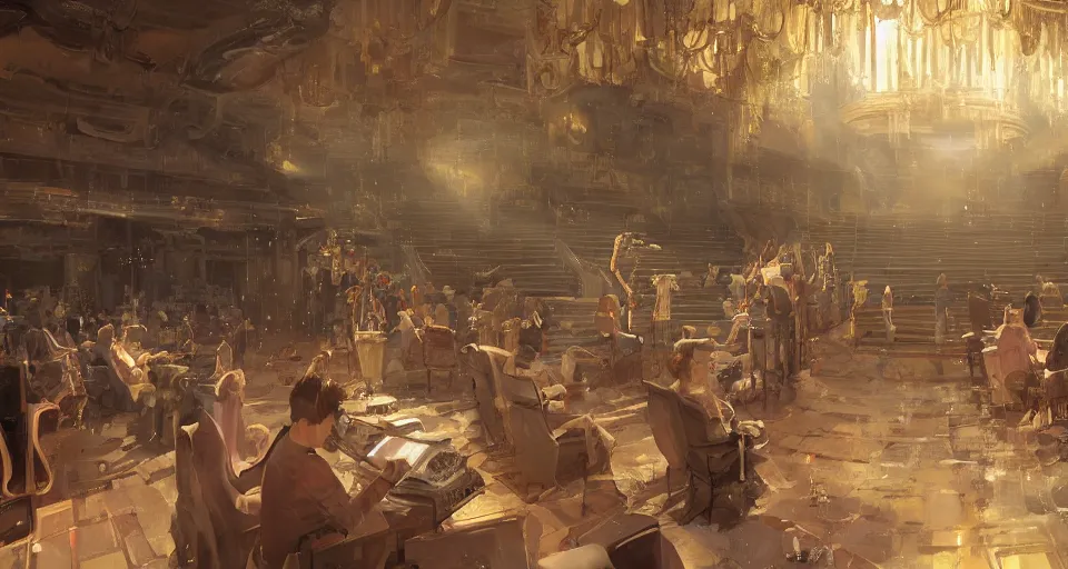 Image similar to craig mullins and ghibli digital art of inside the theater, on the stage, masked female violinists, exotic costumes, gold jewelry, black hair, solo performance unreal engine, hyper realism, realistic shading, cinematic composition, realistic render, octane render, detailed textures, photorealistic, wide shot