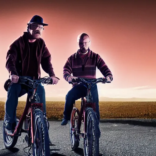 Image similar to photo of walter white and jesse pinkman riding bikes with an exploding building behind them, color, cinematic lighting, highly detailed