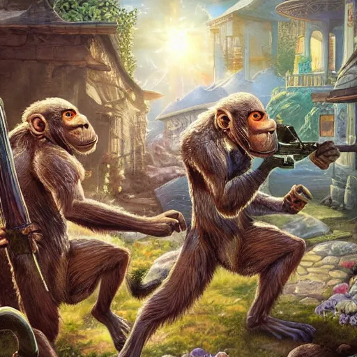 Image similar to fantasy art ultra detailed photo monkeys in fbi uniforms attacking a nursing home