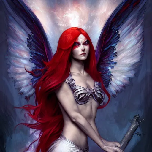 Prompt: A beautiful digital painting of archangel with red hair, skull face, burning wings, princess, a ghostly skull , D&D, fantasy, intricate, cinematic lighting, highly detailed, digital painting, Artstation, concept art, smooth, sharp focus, illustration, art by Artgerm and Greg Rutkowski, Alphonse Mucha and charlie bowater