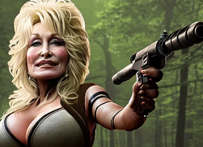 Image similar to film still of!!!! dolly parton!!! as lara croft in new tomb raider movie, 8 k