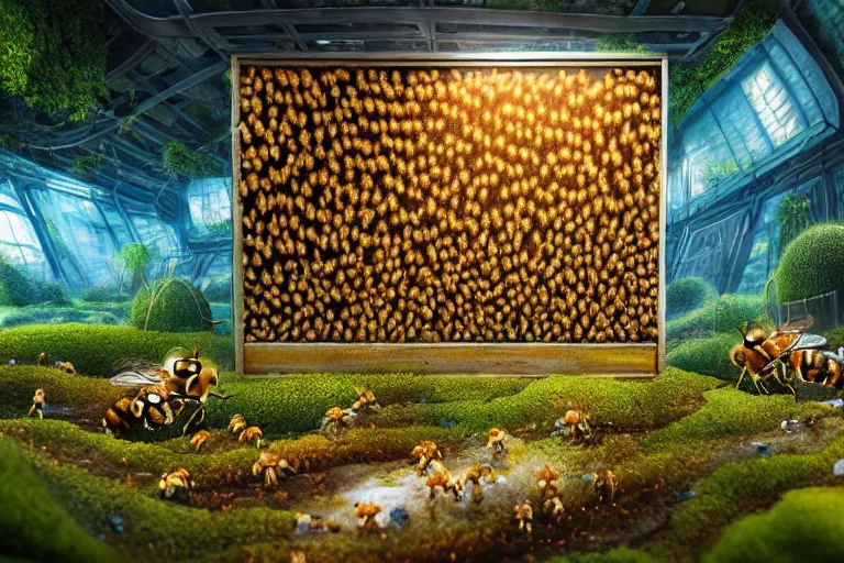 Image similar to elegance, favela garden honeybee hive, slime mold forest environment, industrial factory, cheerful, award winning art, epic dreamlike fantasy landscape, ultra realistic,