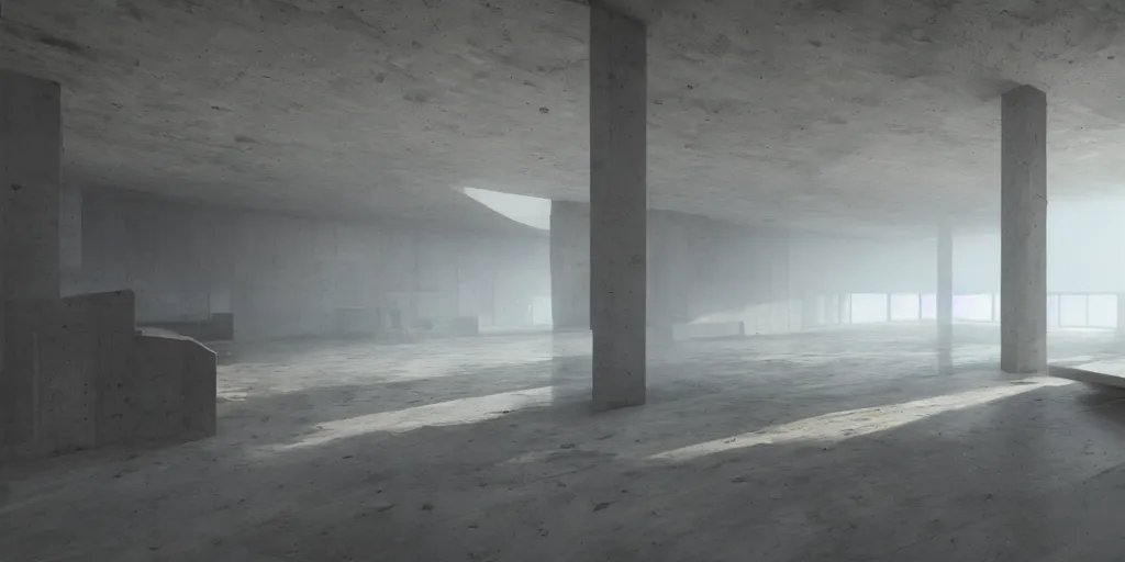 Prompt: a brutalist concrete room, brutalism, interior design, nature, render, photorealism, beautiful, cinematic dramatic atmosphere, volumetric cinematic perfect light, detailed octane render trending on artstation, 8 k, by chris hytha and jag studio