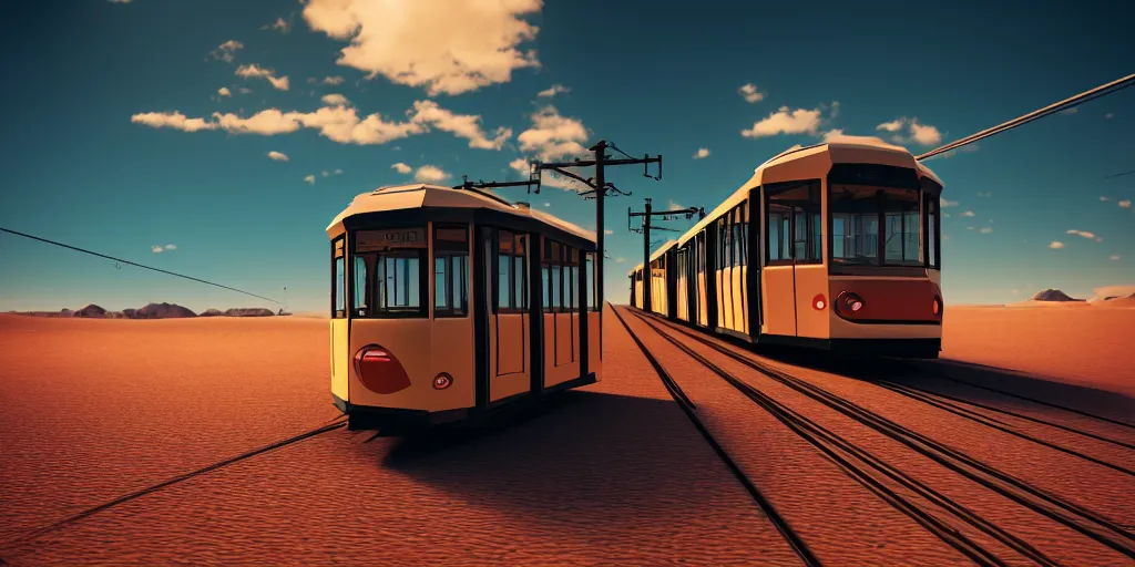 Image similar to tram in the desert ， worldcreator ， 4 k resolution, ultra wide angle, cinematic, octane render