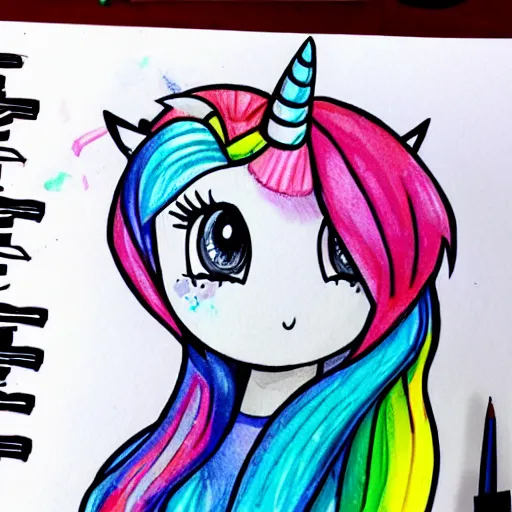 Image similar to girl and unicorn illustraton colorfull pencil aquarell comic and anime style