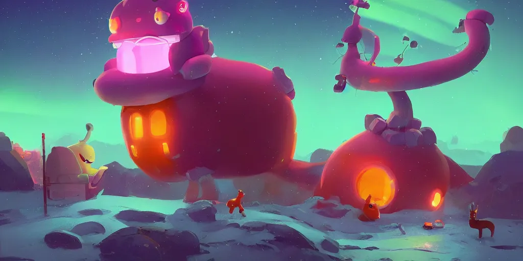 Prompt: cute monsters and Aurora borealis by Goro Fujita and Simon Stalenhag , 8k, trending on artstation, hyper detailed, cinematic