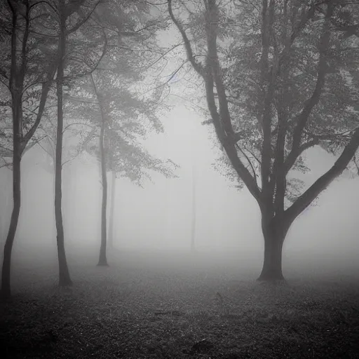 Prompt: deep misty forest with black hairy demon behind the tree, monochrome lomography