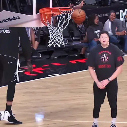 Prompt: elon musk slam dunks in the 2 0 1 9 nba slam dunking contest, full - body shot