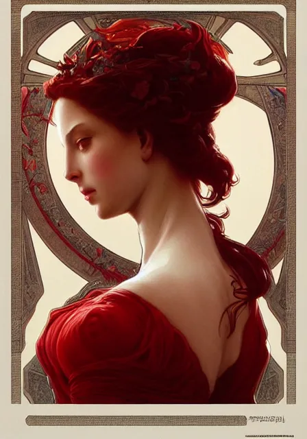 Image similar to portrait of red queen, intricate, elegant, highly detailed, digital painting, artstation, concept art, smooth, sharp focus, illustration, art by artgerm and greg rutkowski and alphonse mucha and william - adolphe bouguereau