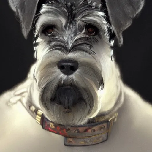 Image similar to portrait of stoic looking miniature schnauzer, military uniform, black fir, white eyebrows, fantasy, intricate, elegant, highly detailed, centered, dark, smokey, digital painting, artstation, concept art, smooth, sharp focus, illustration, art by artgerm and greg rutkowski and alphonse mucha