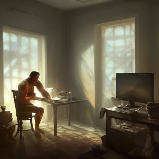 Image similar to a man and a room in a scorching hot room with two computers, inferno, d & d, fantasy digital painting, trending on artstation, concept art, sharp focus, illustration, global illumination, ray tracing, realistic shaded, art by artgerm and greg rutkowski and fuji choko and viktoria gavrilenko and hoang lap