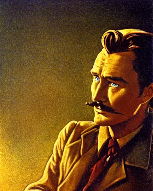 Image similar to Errol Flynn as a scientist. 1980s dystopian Soviet Russia, propaganda screens. Unreal engine, fantasy art by Jean-François Millet. Faithfully depicted facial expression, perfect anatomy global illumination, radiant light, detailed and intricate environment