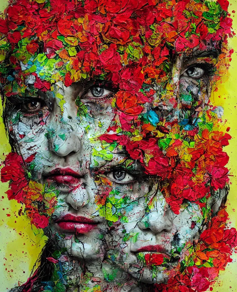 Prompt: illustration, gouache impasto of human face, blossoms, intricate, by artur bordalo