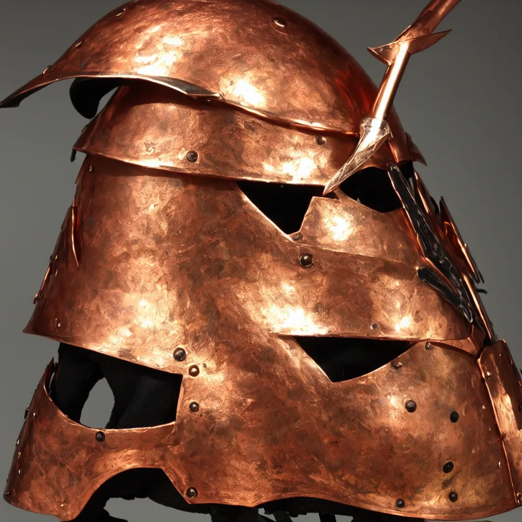 Image similar to a presentation photo of a duel knight's helmet that is made of copper and gold, beautiful ornated details