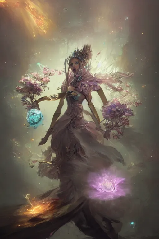 Image similar to beautiful girl necromancer covered with crystals exploding space, 3 d render, hyper realistic detailed portrait, holding magic flowers, ruan jia, wlop. scifi, fantasy, hyper detailed, octane render, concept art, peter mohrbacher