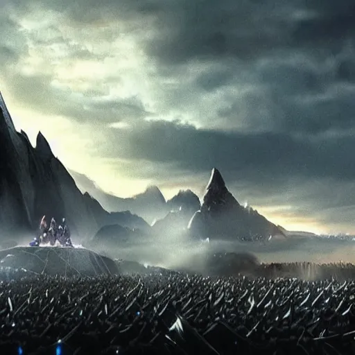 Image similar to A promotional image from the new Simarillion movie by New Line Cinema, Morgoth is towering over Fingolfin at the battle of Angband, 4k, Cinematic, highly detailed special effects