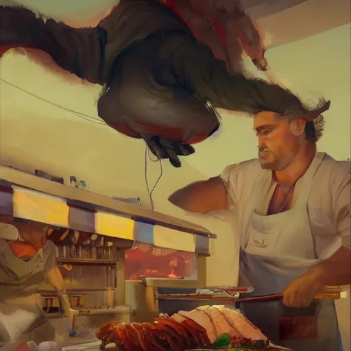 Image similar to low angle view of a butcher working, artwork medium shot, asymmetrical, profile picture, organic painting, night time, matte painting, bold shapes, hard edges, street art, trending on artstation, by huang guangjian and gil elvgren and sachin teng, from below, worms - eye - view, close - up!!!!!