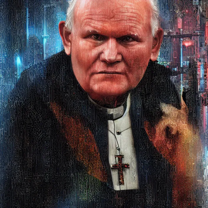 Prompt: John Paul II in cyberpunk, digital art