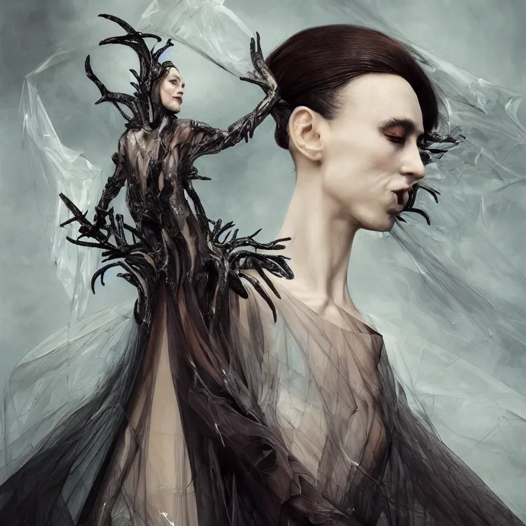 Image similar to beautiful cinematic fantasy character concept of an elegant fierce woman wearing haute couture by iris van herpen and Yohji Yamamoto and Neri Oxmanand Niccolo Casas and anouk wipprecht and behnaz farahi and jessica rosenkrantz and noa raviv and jun kamei , hybrid, by artgerm; wayne reynolds art station; cinematic quality character render; low angle; ultra high quality model; production quality cinema model;