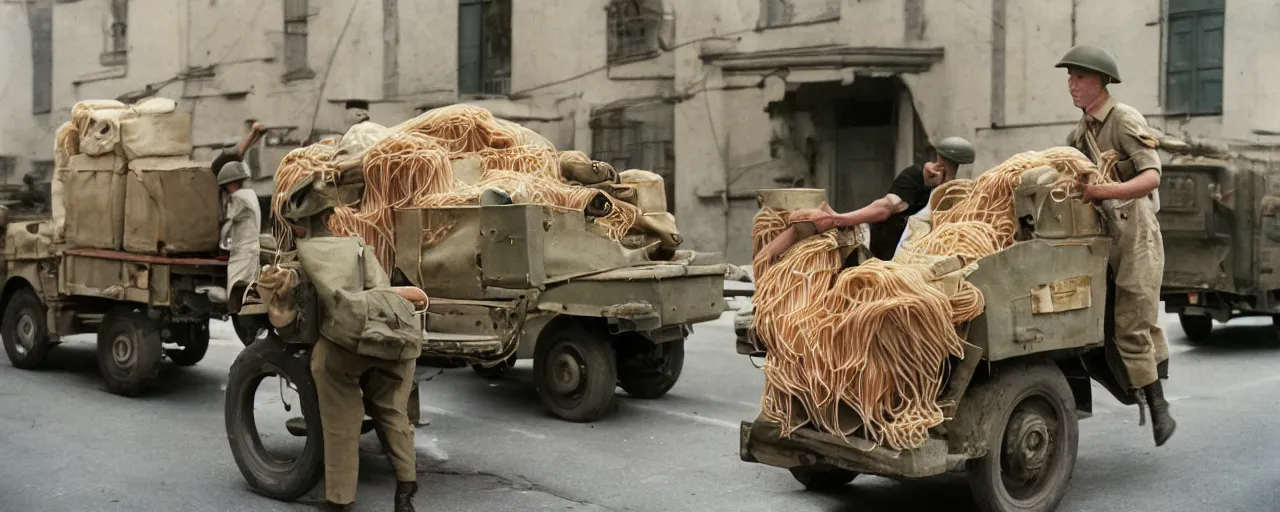 Image similar to transporting spaghetti, world war 2, u. s. army, canon 5 0 mm, kodachrome, in the style of wes anderson, retro