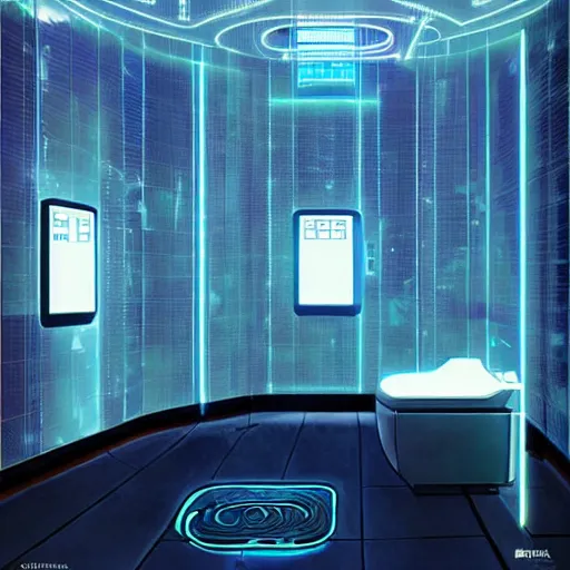 Prompt: schematic of a public restroom from the future in the year 2 1 0 0, cyberpunk toilet with hologram lights, maximalist architecture, art by charlie bowater and greg rutkowski - n 9