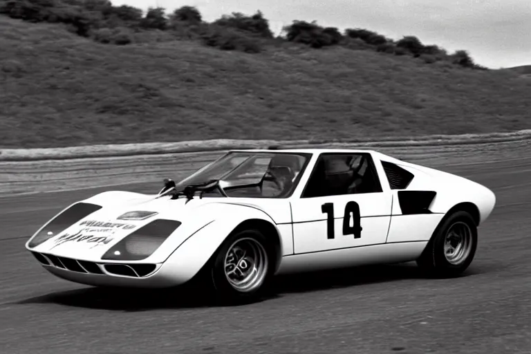 Prompt: vintage archival race footage of a single 1965 BMW M1, with elements of the De Tomaso Pantera F40, Lotus, GT40 and Countach, movie still, speed, cinematic Eastman 5384 film