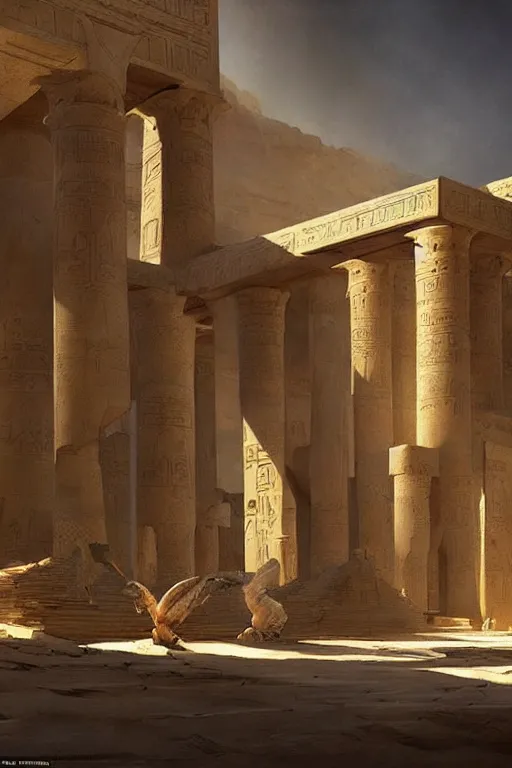Prompt: a fantasy concept artwork depicting magnificent egyptian temple in the desert by anders zorn, craig mullins and greg rutkowski, beautiful cinematic light