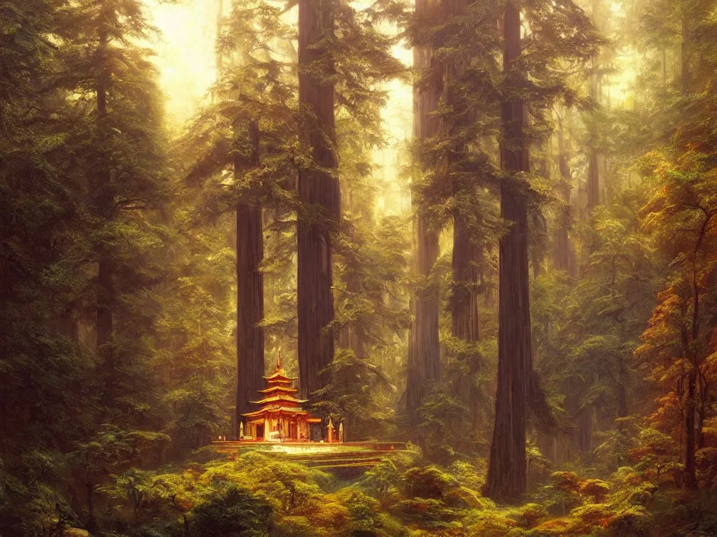 Image similar to a beautiful buddhist sanctuary in a redwood forest, art by albert bierstadt and greg rutkowski, hyperrealism, peaceful ☸ 🕉