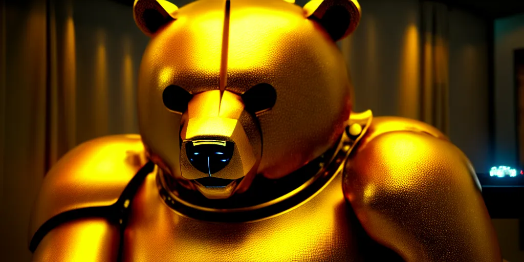 Prompt: film still of a mechanical bear made of gold in a marvel movie, science fiction industrial hard science concept art, 8K render octane high definition cgsociety, photorealistic, unreal engine 5