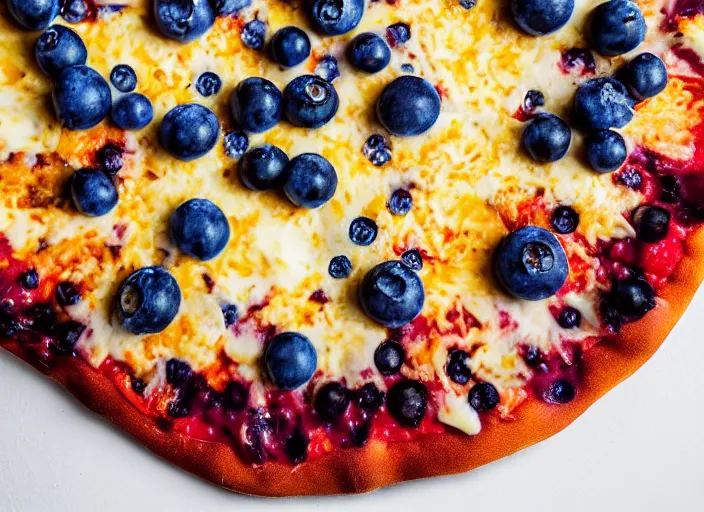 Image similar to A delicious plate of a big pizza with small blueberries on, extra cheese, close up food photography, studio lighting, Sigma 35mm f/1.4