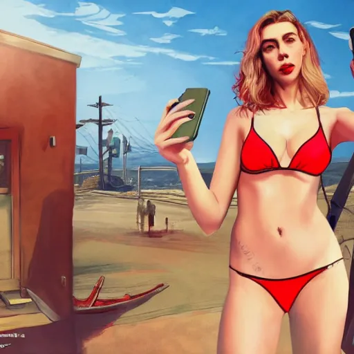 Image similar to vanessa kirby as hattie in gta v wearing a red bikini taking a selfie, cover art by stephen bliss, artstation, no text