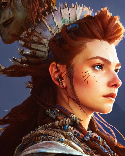 Prompt: Aloy (Horizon Zero Dawn), closeup, D&D, fantasy, intricate, elegant, highly detailed, digital painting, artstation, concept art, matte, sharp focus, illustration, hearthstone, art by Artgerm and Greg Rutkowski and Alphonse Mucha