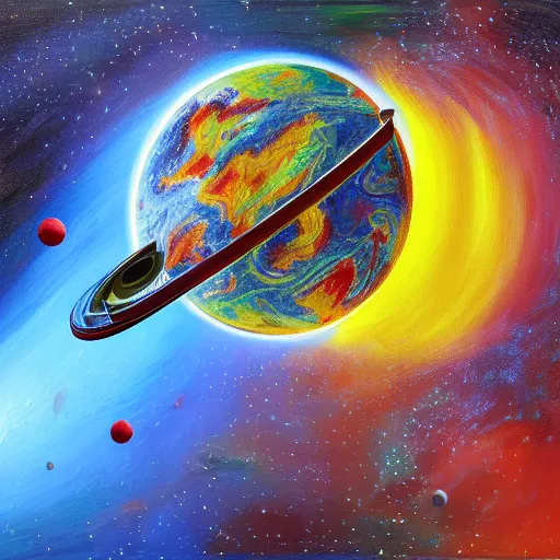 Prompt: view from space, colorful rubber - band - ball planet, oil on canvas, portrait, intricate, 8 k highly professionally detailed, hdr, cgsociety