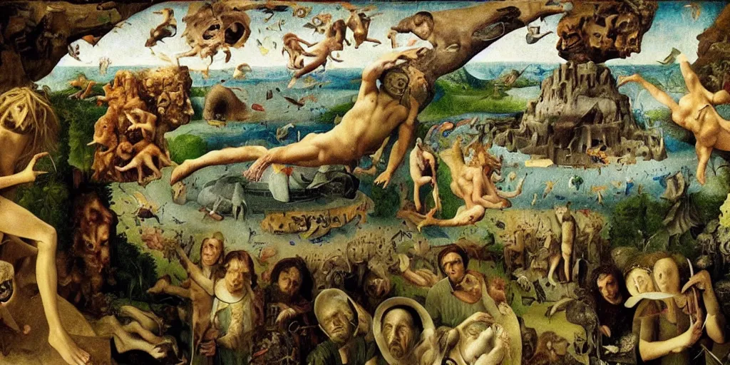 Prompt: leonardo di caprio being cut in half, in the style of bosch's garden of earthly delights