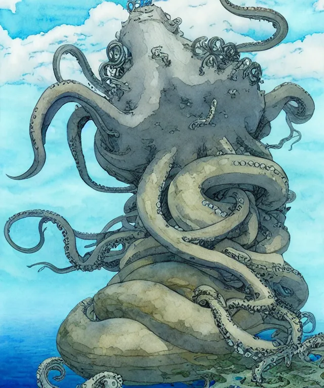 Prompt: a hyperrealist studio ghibli watercolor fantasy concept art of a giant grey octopus sitting on top of stonehenge underwater. by rebecca guay, michael kaluta, charles vess