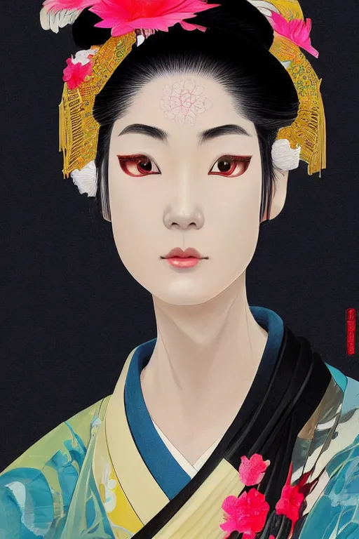 Image similar to a professional painting of a beautiful Japanese Geisha girl, in brightly colored kimono, long dark hair, beautiful bone structure, symmetrical facial features, intricate, elegant, digital painting, concept art, smooth, sharp focus, illustration, from StarCraft by Ruan Jia and Mandy Jurgens and Artgerm and William-Adolphe Bouguerea