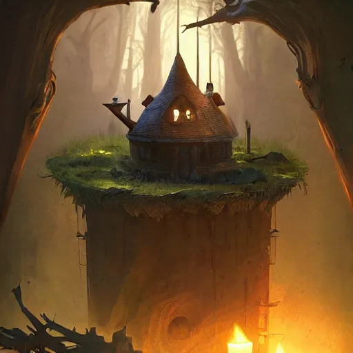 Image similar to interior witch's house with a cauldron smoking, one crow, fantasy art, in the style of greg rutkowski, illustration, epic, fantasy, cinematic, intricate, hyper detailed, artstation, concept art, smooth, sharp focus, ray tracing