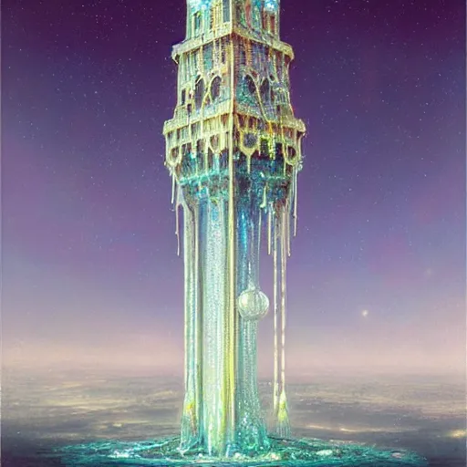 Prompt: beautiful delicate tower made out of crystal by stuart lippincott, lee madgwick, erik johansson, dan mumford, alphonse mucha and louis comfort tiffany