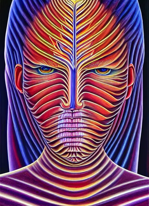 Image similar to Sideral self-reflecting journey through layers and layers of complexity, painting by Alex Grey