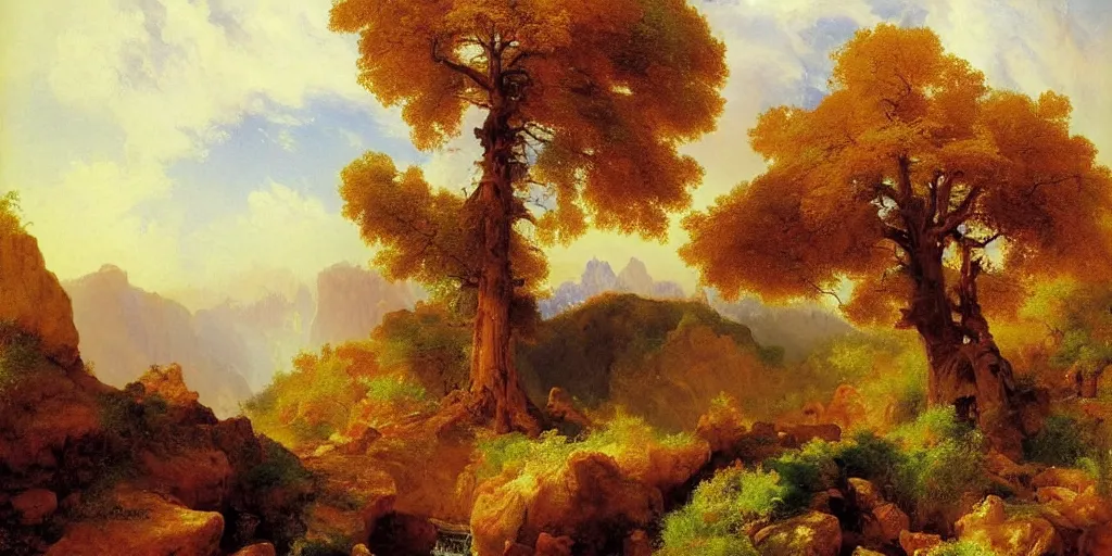 Prompt: lone oak tree growing in grand cayon, thomas moran, oil painting, beautiful composition, masterpiece