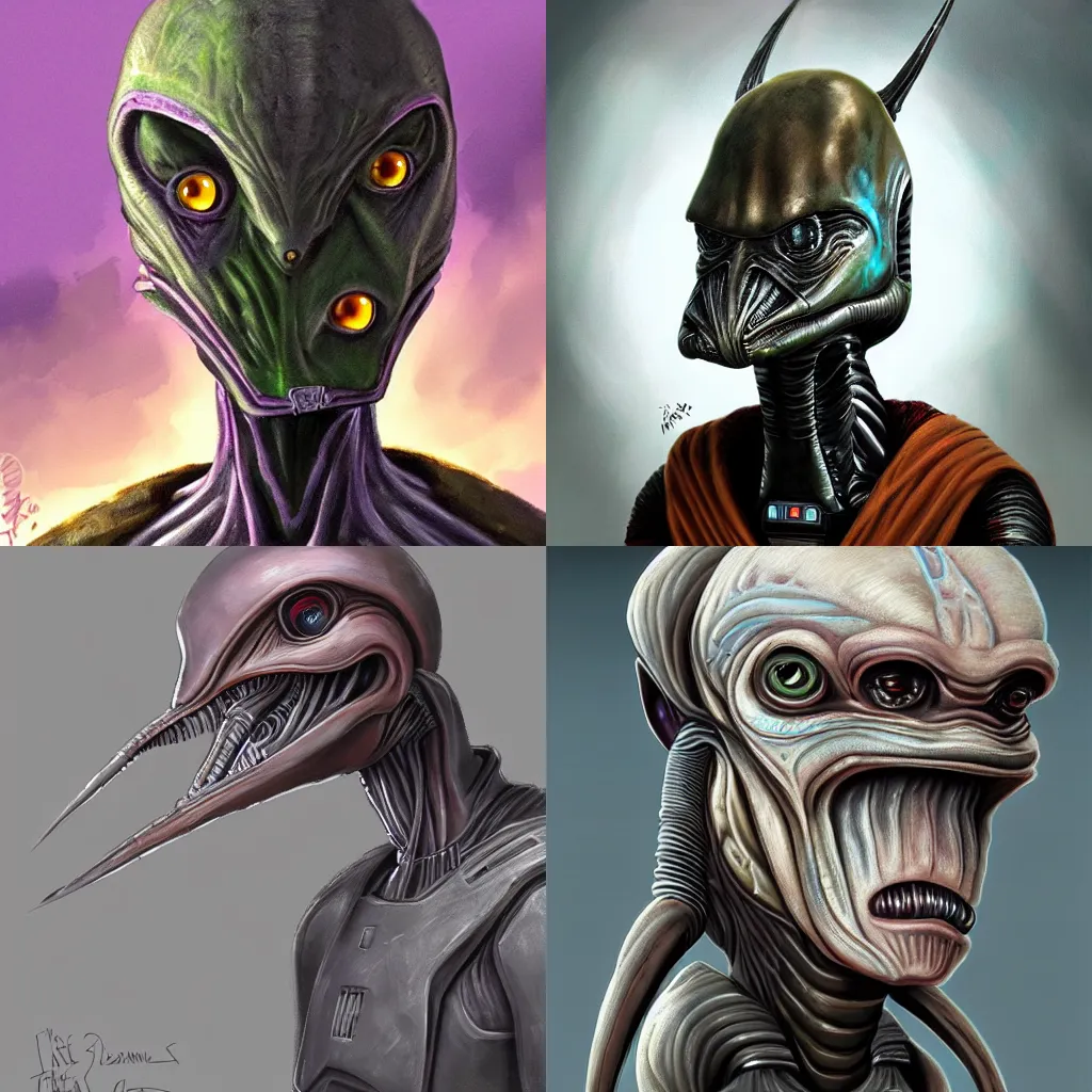 Prompt: concept art for a new star wars alien character, detailed portrait, digital art, oil painting, character art