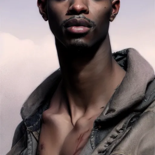 Image similar to portrait painting of a beautiful black man with blade scars and cropped hair wearing a tattered grey coat, ultra realistic, concept art, intricate details, eerie, highly detailed, photorealistic, octane render, 8 k, unreal engine. art by artgerm and greg rutkowski and charlie bowater and magali villeneuve and alphonse mucha