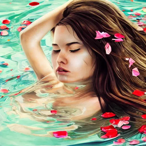 Image similar to epic portrait of a girls face laying in water, surrounded by loose petals, beautiful, high detail, concept art, realistic