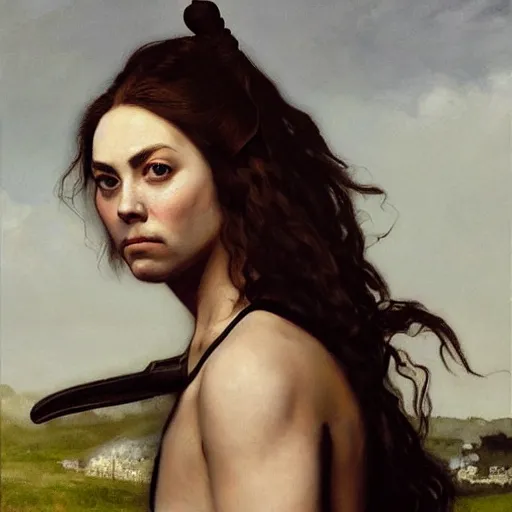 Image similar to a realistic painting by Gustave Courbet depicting the Ninja with the head of the Kate Middleton in the Renaissance,smooth,Sharp focus,high detailed,high resolution,fine art, trending on Artstation.