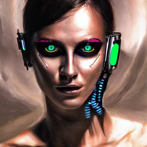 Image similar to hyperrealism oil painting portrait of cyberpunk cyborg fashion model with glowing eye