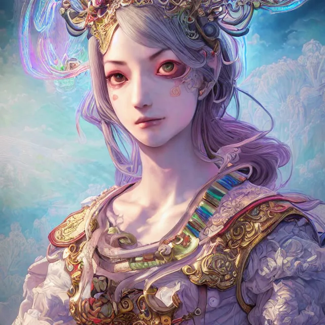 Prompt: studio portrait of the neutral good rainbow colorful female cleric bard healer as absurdly beautiful, elegant, young skinny french gravure idol, an ultrafine hyperdetailed illustration by kim jung gi, intricate linework, detailed faces, super sharp focus, bright colors, octopath traveler, final fantasy, unreal engine 5 highly rendered, global illumination, radiant light, detailed and intricate environment