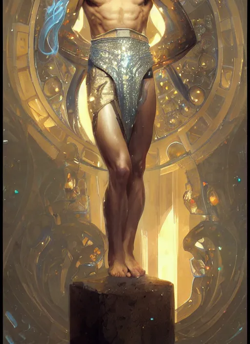 Image similar to a man made of sparkling crystal, male, full body view, beautiful high quality realistic fantasy art, trending on artstation by artgerm and greg rutkowski and alphonse mucha