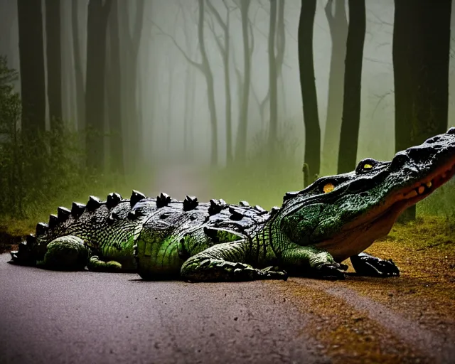 Image similar to a lomography photo of crocodile with fairy wings on foggy forest road this morning, bokeh,